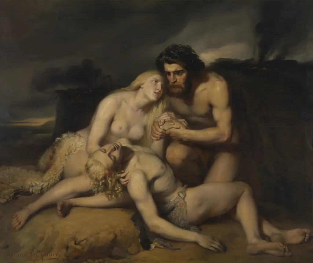 Adam and Eve Discover the Dead Body of Abel, by Edward Dujardin, oil, 1843