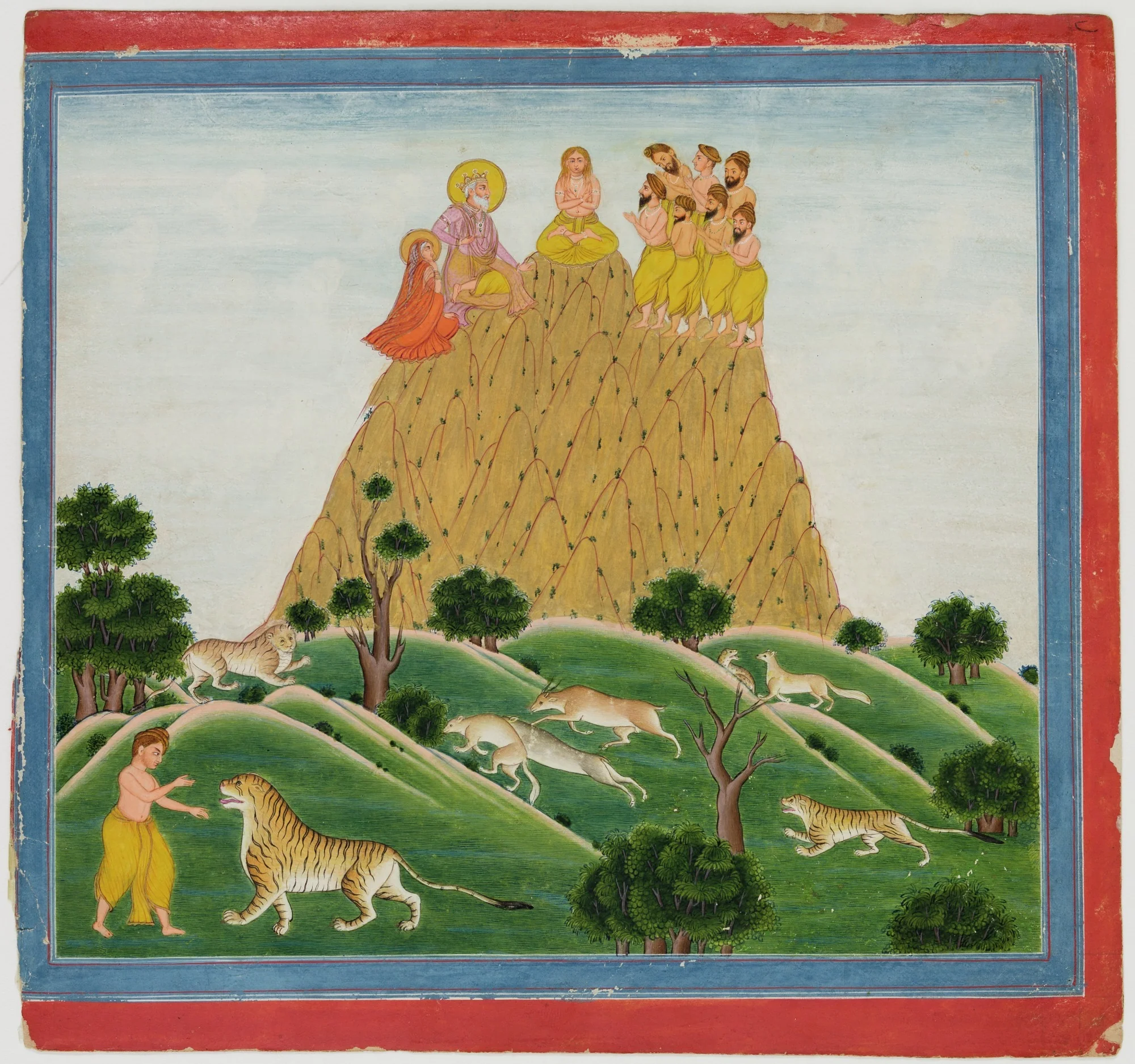 Illustrations to Life of Dhurva Maharaj: #23 Dhurva sits on the golden mountain in concentration and meets his parents and the 7 Rishis, detail