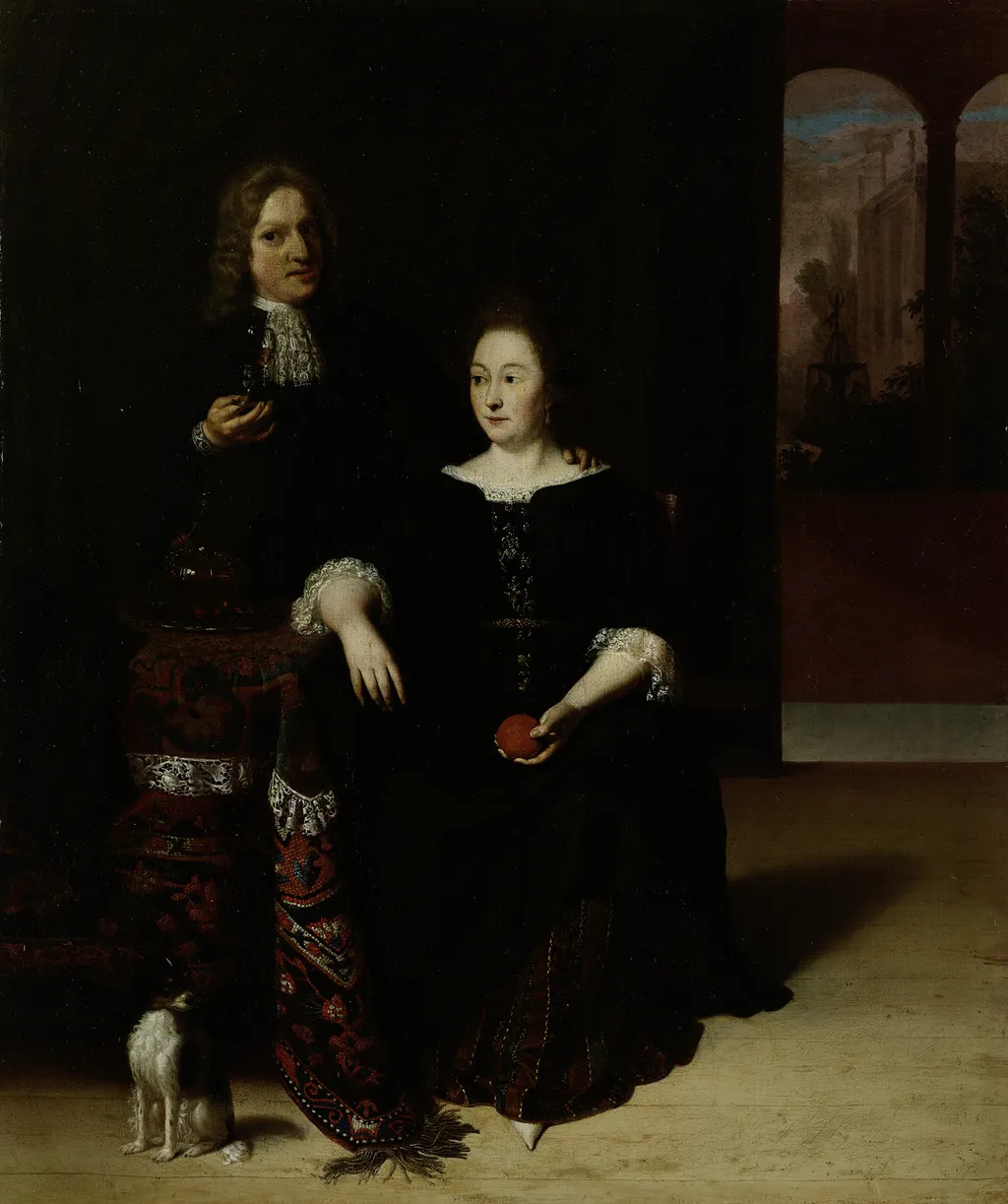 Portrait of a woman and a man in an interior, by Matthijs Wulfraet, oil, 1698