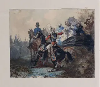 Life Guards at a Review in Windsor Park, by Lami, watercolor, 1850