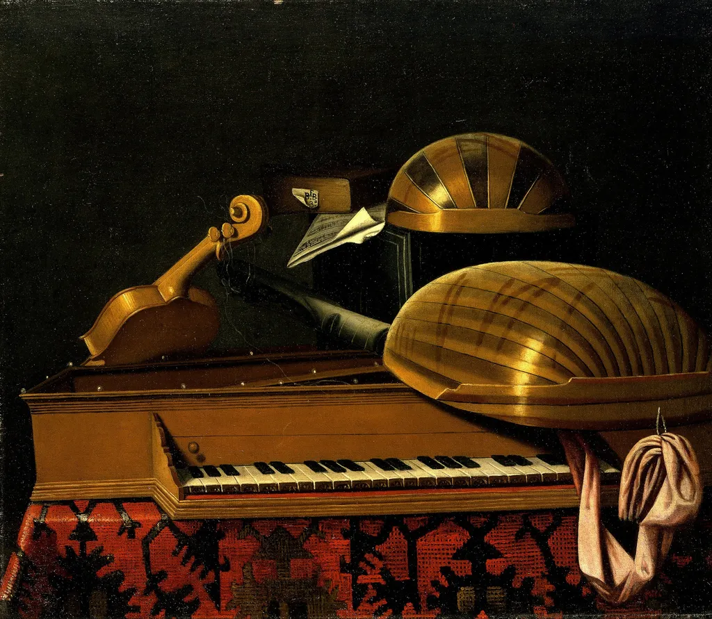 Still Life with Musical Instruments and Books, by Bartolomeo Bettera, oil