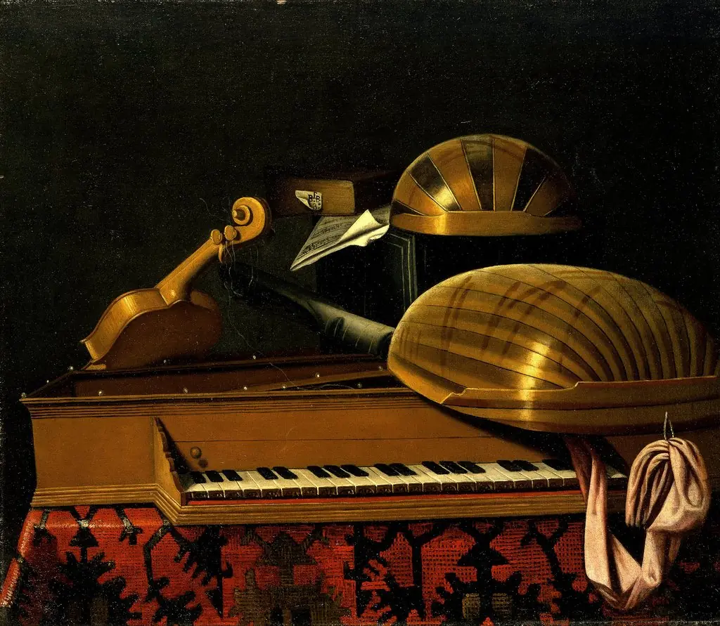 Still Life with Musical Instruments and Books, by Bartolomeo Bettera, oil