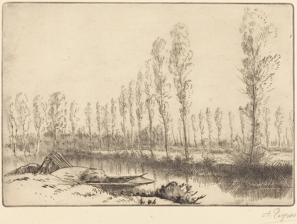 Poplars near Amiens (Pres d'Amiens, les tourbieres), by Alphonse Legros, ink, 1874