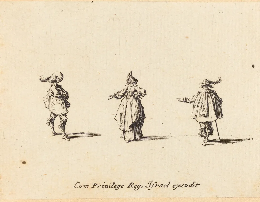 Lady with Outstretched Arm, and Two Gentlemen, by Jacques Callot, ink, 1634