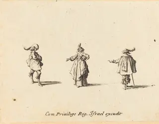 Lady with Outstretched Arm, and Two Gentlemen, by Jacques Callot, ink, 1634