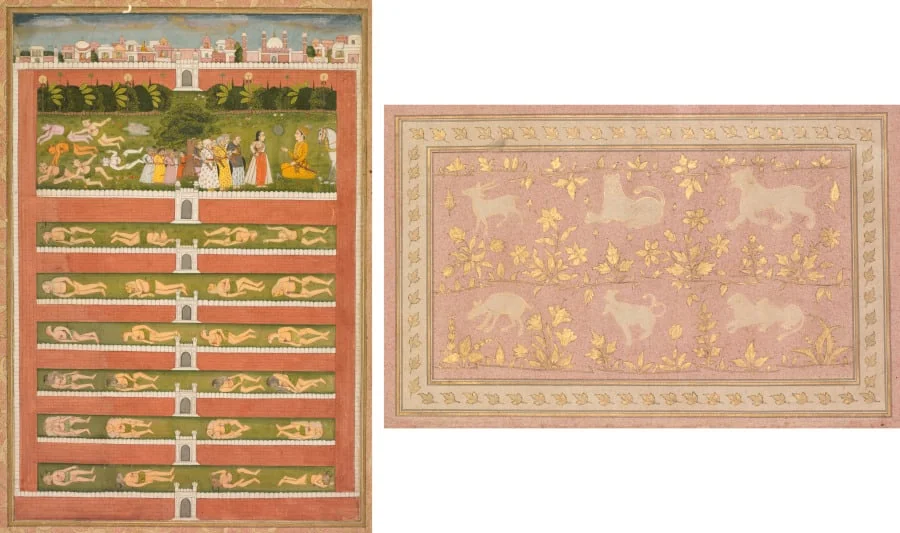 A Princess and Demons before a Nobleman: A Leaf from a Poetical Romance Relating to Shah Alam I (recto); Stenciled Scenes of Lion and Gazelle (verso), detail
