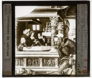 Bernard van Orley. Triptiek met de deugd van het Geduld Paneel links, achterzijde: De arme Lazarus aan de deur van de slechte rijke, detail bovenaan, by Bernard Van Orley, unspecified