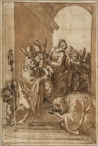 Madonna and Child with Angels, Saint Benedict, and Saint Scholastica, by Giulio Benso, graphite, 1629