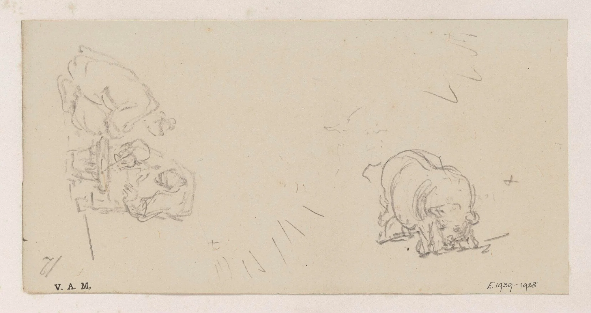 Figures at a stove, and a pig, detail