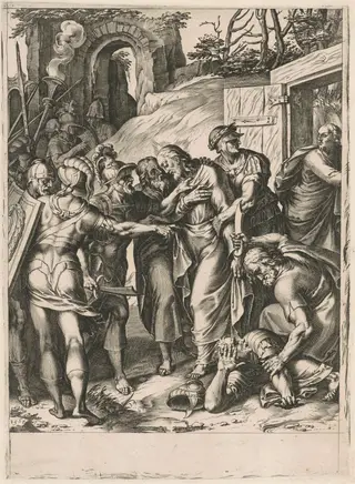 The Betrayal of Christ, by Cornelis Cort, ink, 1568