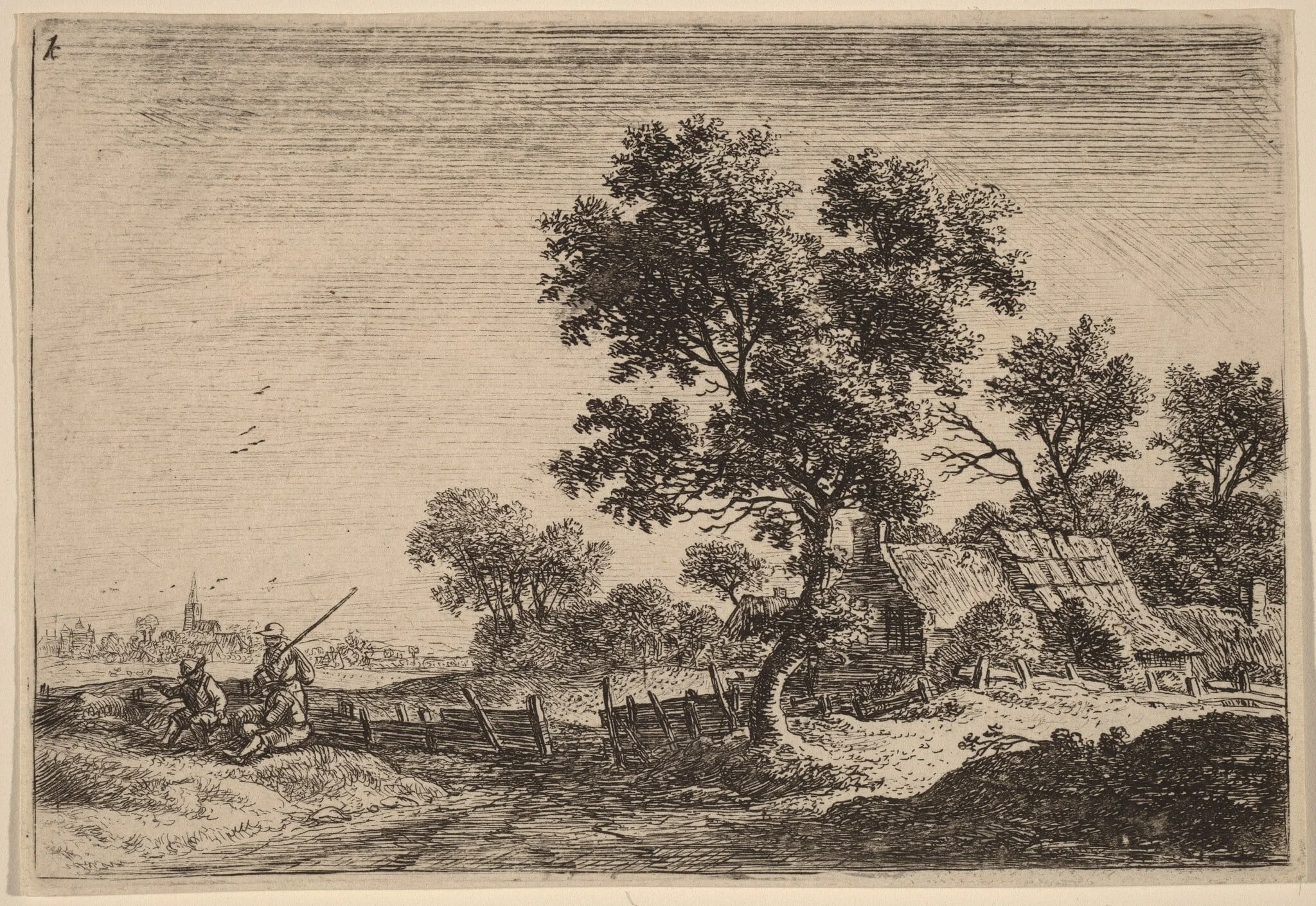 Three Peasants on a Knoll outside a Hamlet, detail