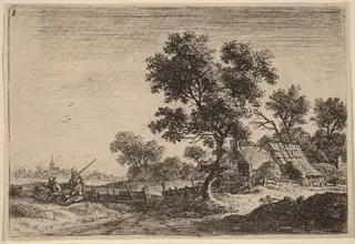 Three Peasants on a Knoll outside a Hamlet, by Anthonie Waterloo, ink, 1650