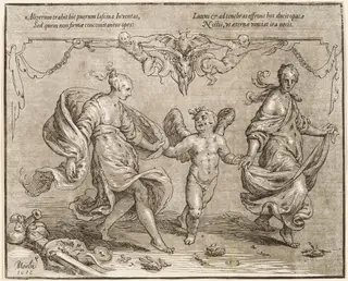 Cupid Dancing with Two Allegorical Women, by Paulus Moreelse, ink, 1612
