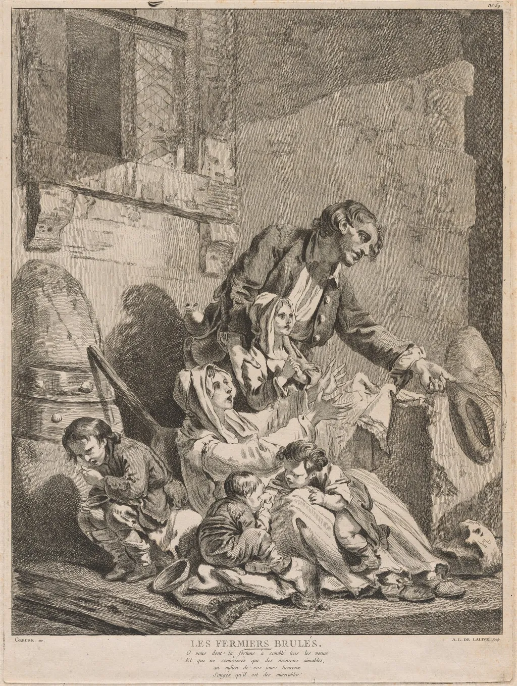 Les Fermiers brulés (A Burnt-Out Farmer, Begging with his Family), by Ange-Laurent de Lalive de Jully, ink, 1764