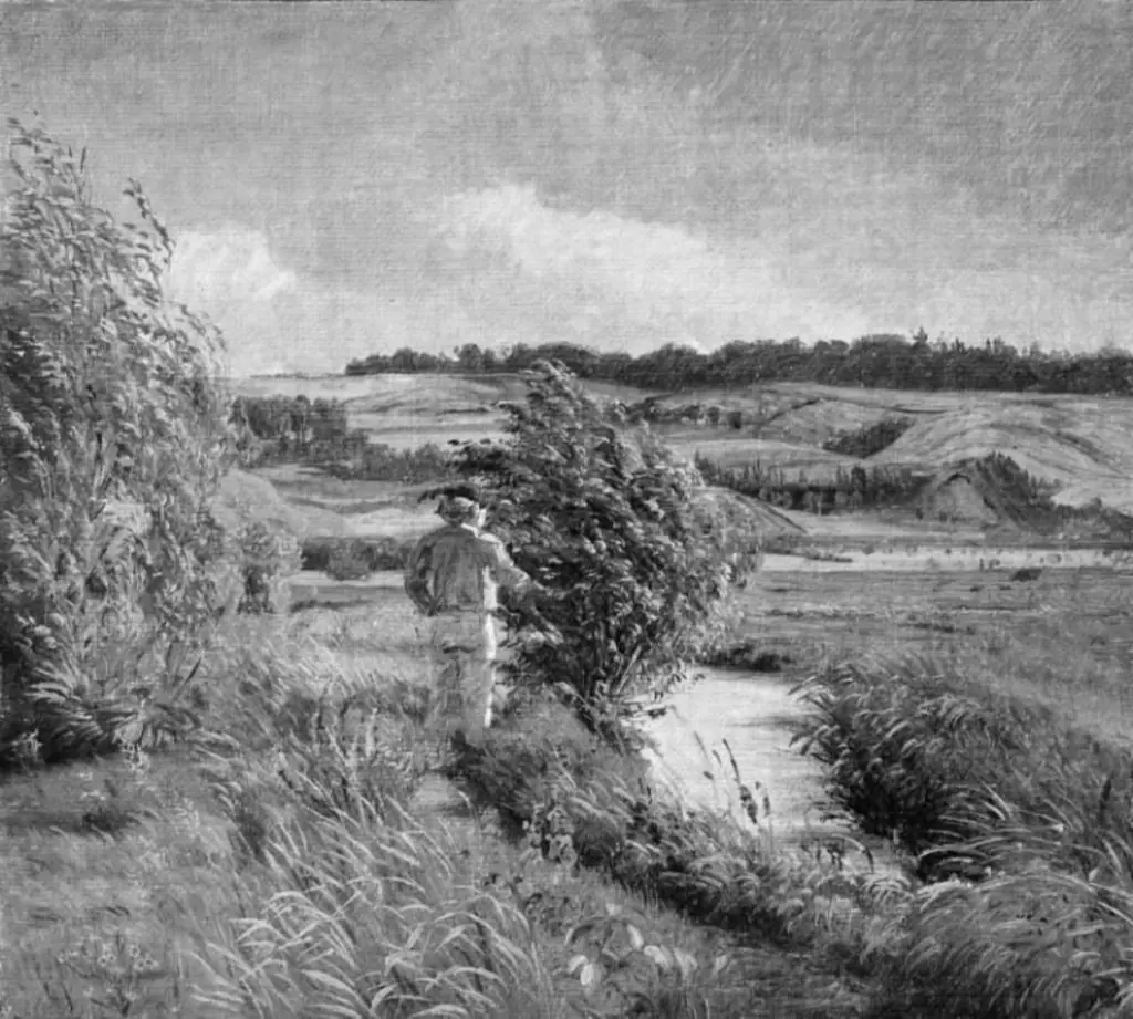 Landskab med en fiskende dreng ved en bæk, by Vilhelm Kyhn, unspecified, 1861