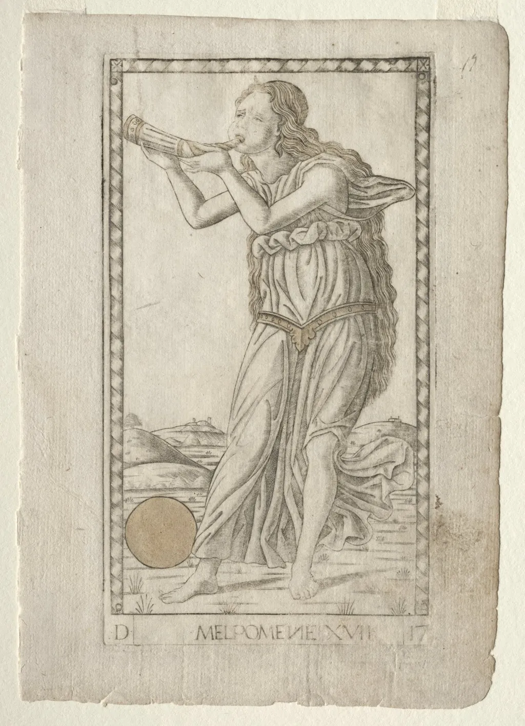 Melpomene (tragedy) (from the Tarocchi series D:  Apollo and the Muses, #17), by Master of the E-Series Tarocchi, 1467