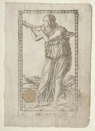 Melpomene (tragedy) (from the Tarocchi series D:  Apollo and the Muses, #17), by Master of the E-Series Tarocchi, 1467