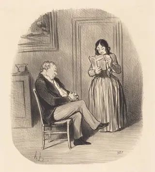 Bourgeois se fesant lire, après diner, quelques chapitres..., by Honoré Daumier, ink, 1847