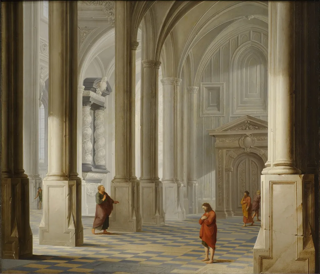 Church Interior with the Parable of the Pharisee and the Publican (Luke 18:9-14), by Dirck van Delen, oil, 1653