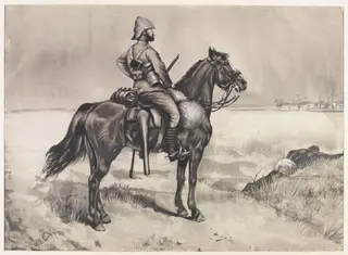 19th Hussars - Vedette at Metemneh  1885, by William S. Perry, watercolor, 1885