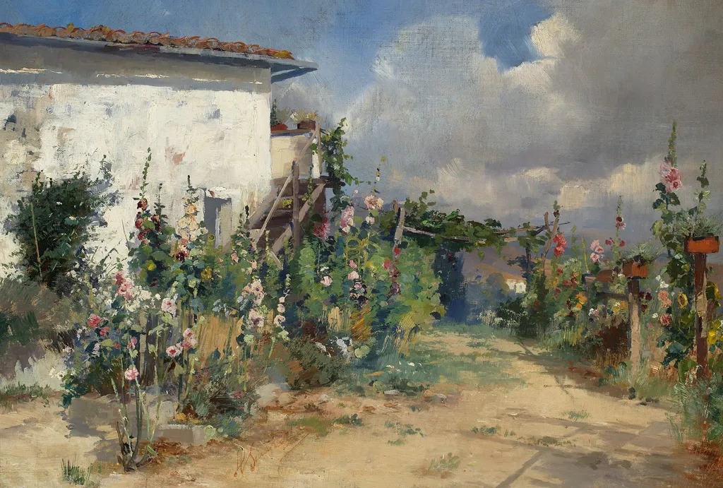House with hollyhocks in the garden, by Henryk Siemiradzki, oil, 1893