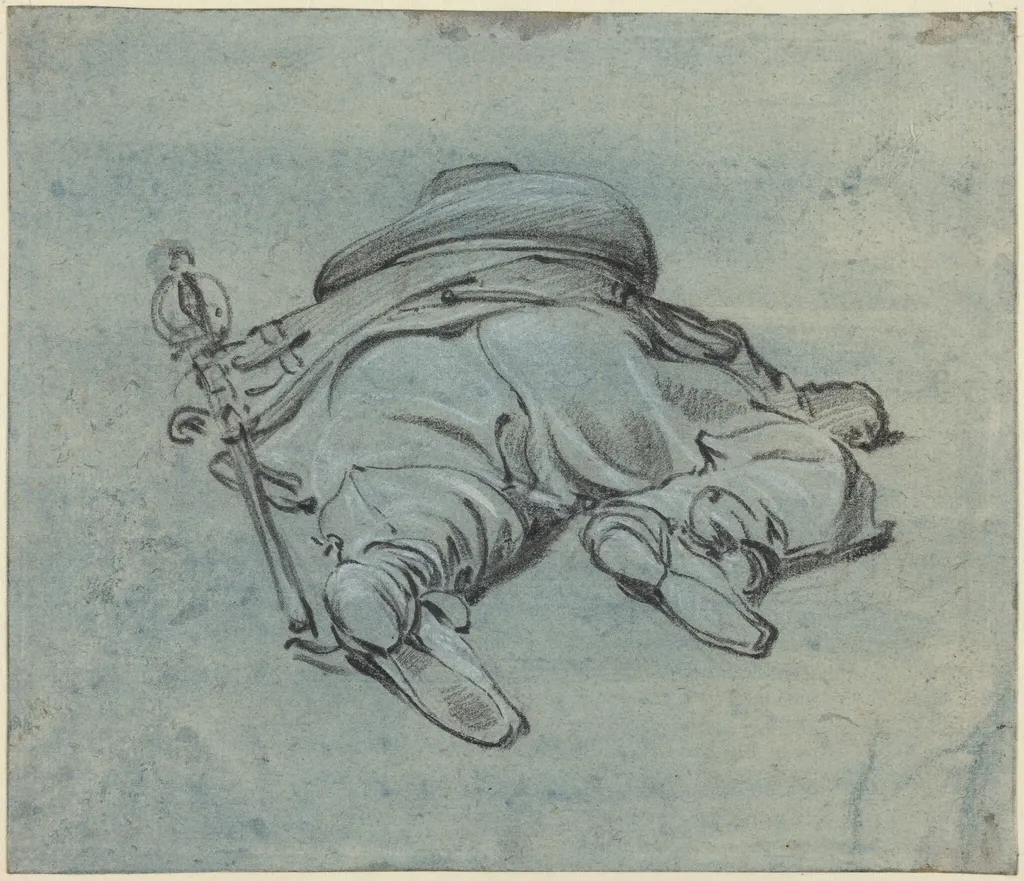 A Cavalier Lying on the Ground, by Jan Both, chalk, 1640