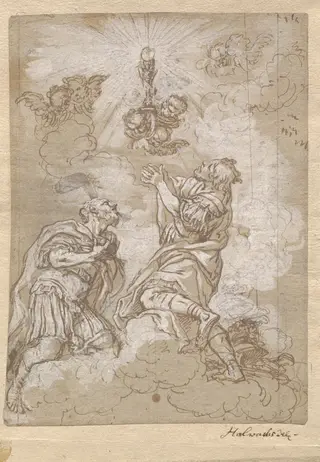 Two Soldier Saints Adoring the Host, by Michael Wenzel Halbax, chalk, 1690