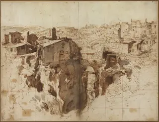 The Waterfall and Town of Tivoli, by Gaspar van Wittel, ink, 1694