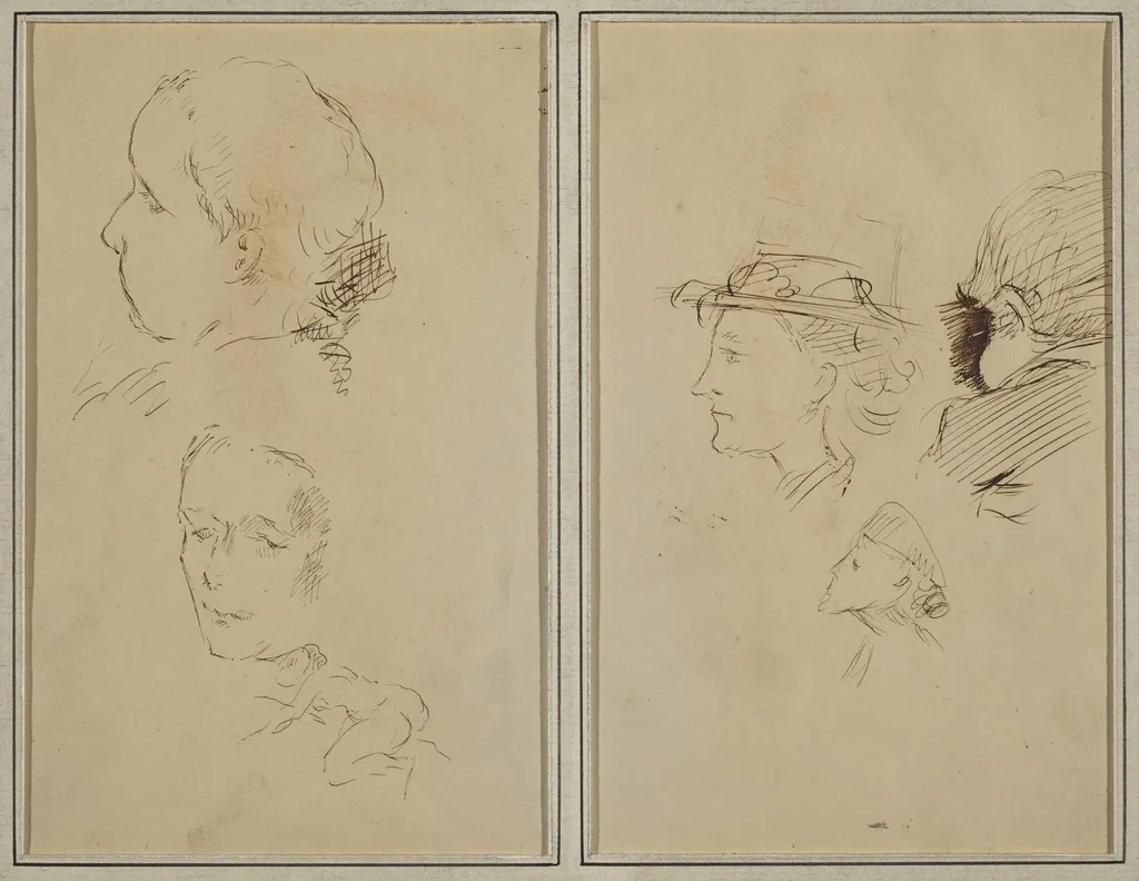 Two Head Studies and a Crouching Nude Woman; Two Women's Heads and a Head of Child [recto], by Paul Gauguin, ink, 1886