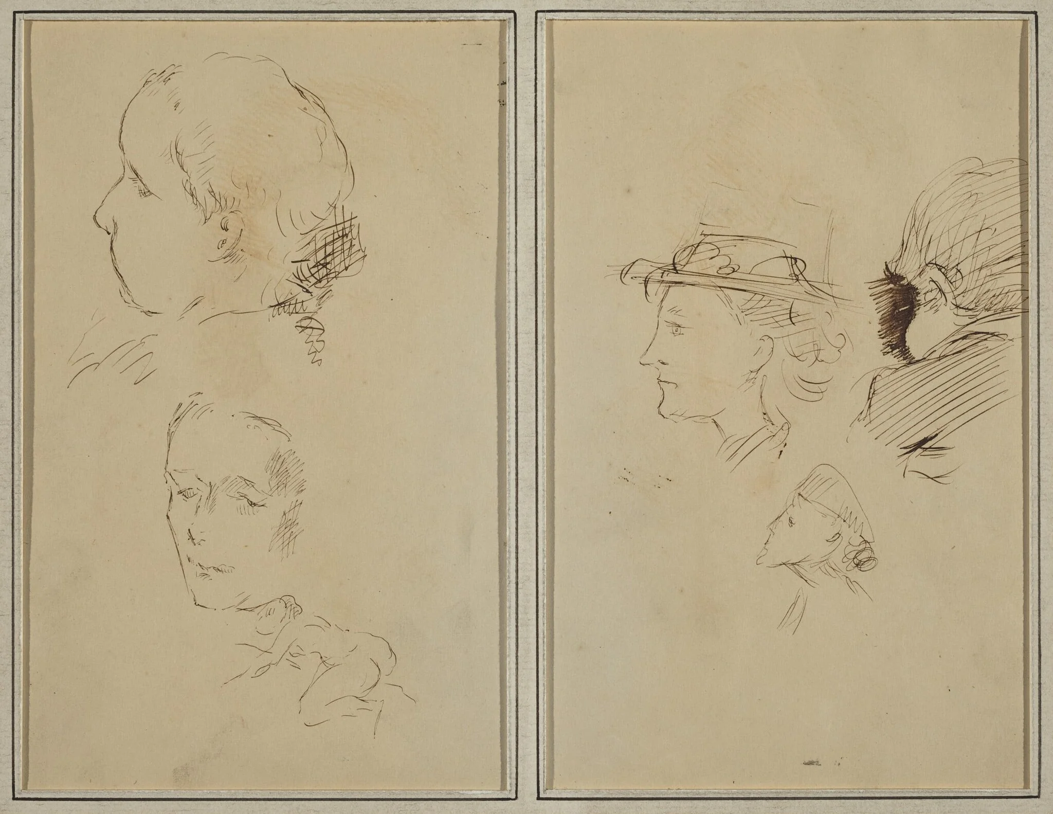 Two Head Studies and a Crouching Nude Woman; Two Women's Heads and a Head of Child [recto], detail