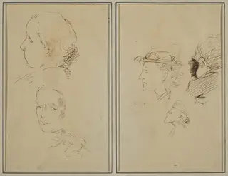 Two Head Studies and a Crouching Nude Woman; Two Women's Heads and a Head of Child [recto], by Paul Gauguin, ink, 1886