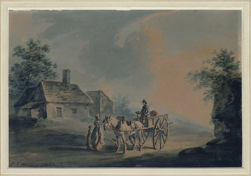 Cottage with cart and figures, by Peter le Cave, watercolor, 1806