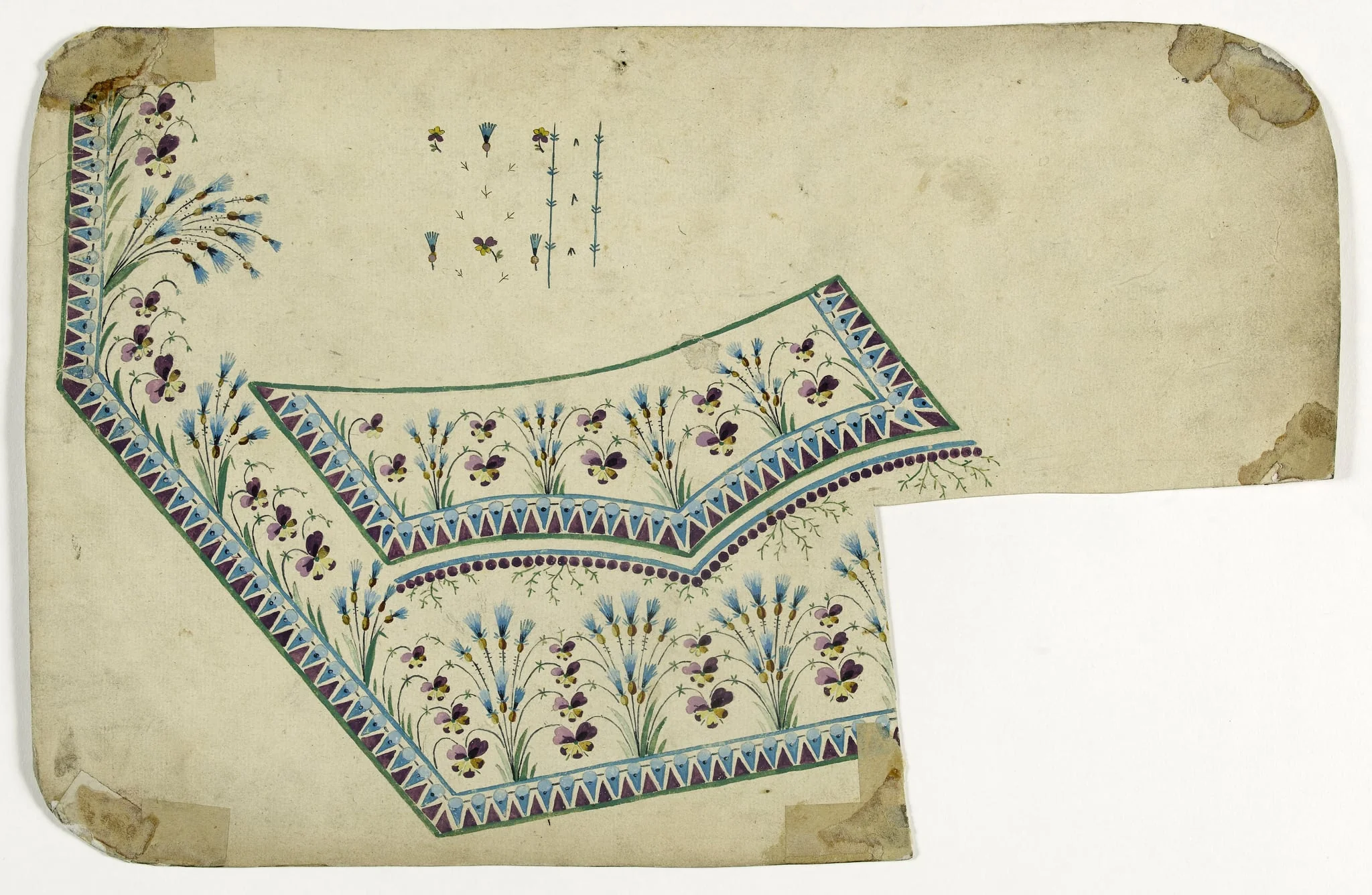 Gilet aux fleurs bleues et mauves, projets de broderies de gilet, XVIIIème siècle, detail