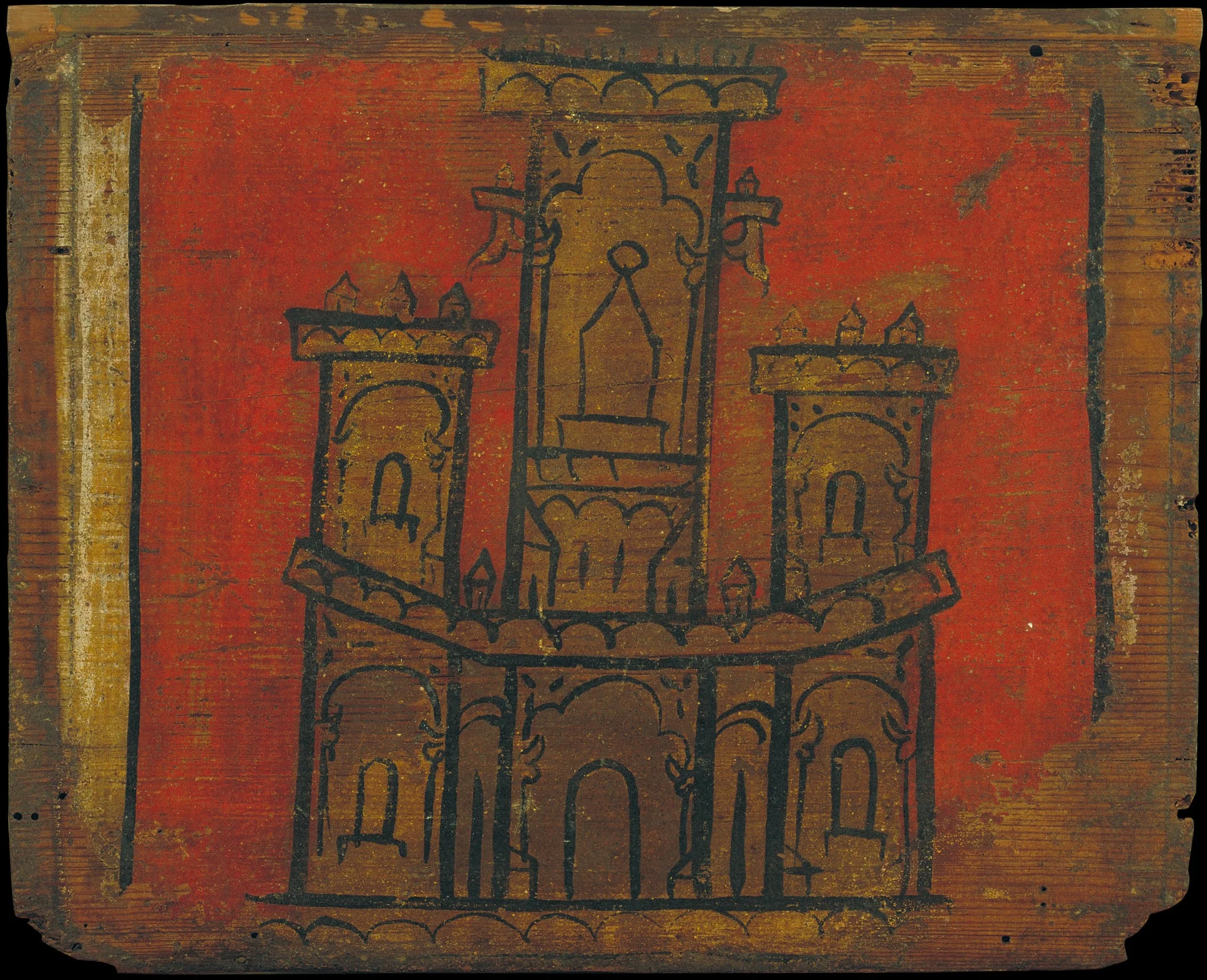 Small coffered ceiling panel with castle, detail