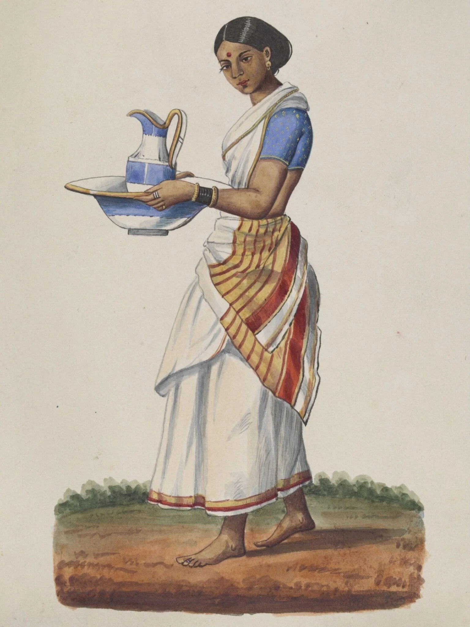 An ayah in a blue choli carrying a china ewer and basin, detail