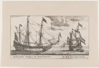 The "Vergulde Dolphyn," a Large Merchant Vessel, and the "Kat," a Flute, by Nooms, called Zeeman, Reinier, ink, 1653
