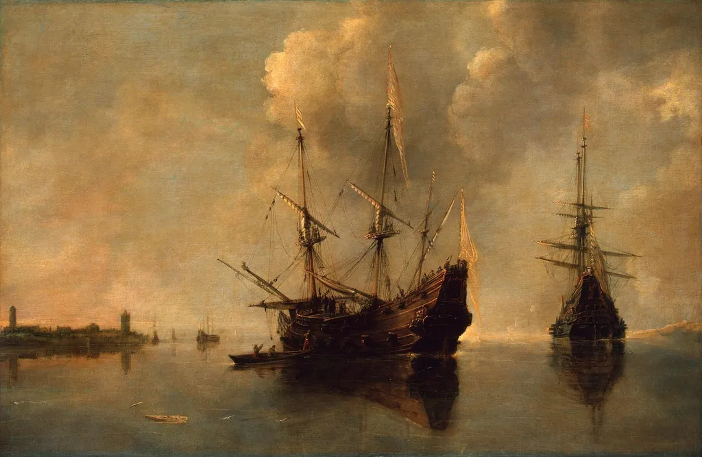 Two Ships at Anchor, by Andries van Eertvelt, oil, 1640