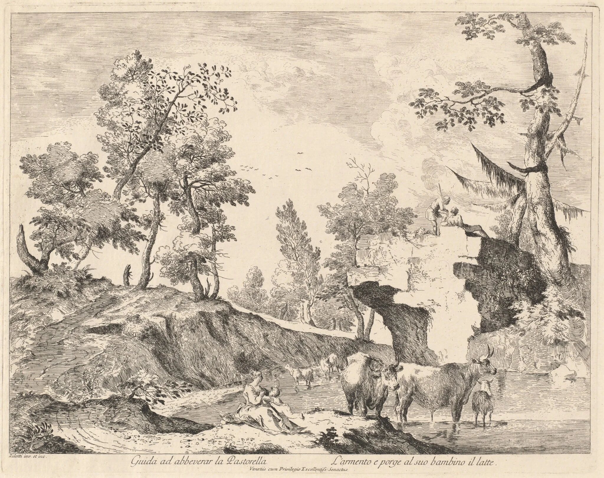 Landscape with Shepherdess and Herd at a Watering Hole, detail