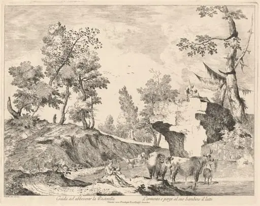 Landscape with Shepherdess and Herd at a Watering Hole, by Domenico Bernardo Zilotti, ink, 1764