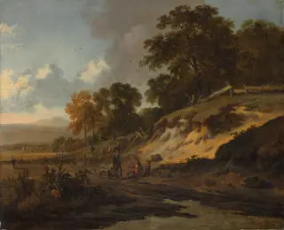 Landscape with Hunters, by Jan Wijnants, oil, 1660
