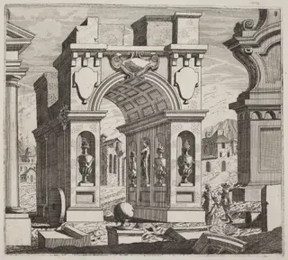 Architectural Fantasy with a Triumphal Arch, by Giuseppe Antonio Landi, ink, 1753