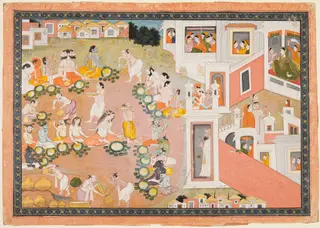 Feast where Vishnu decides he will incarnate as King Dasharatha’s sons, from Chapters 14–15 of the Bala Kanda (Book of Childhood) of a Ramayana (Rama’s Journey)