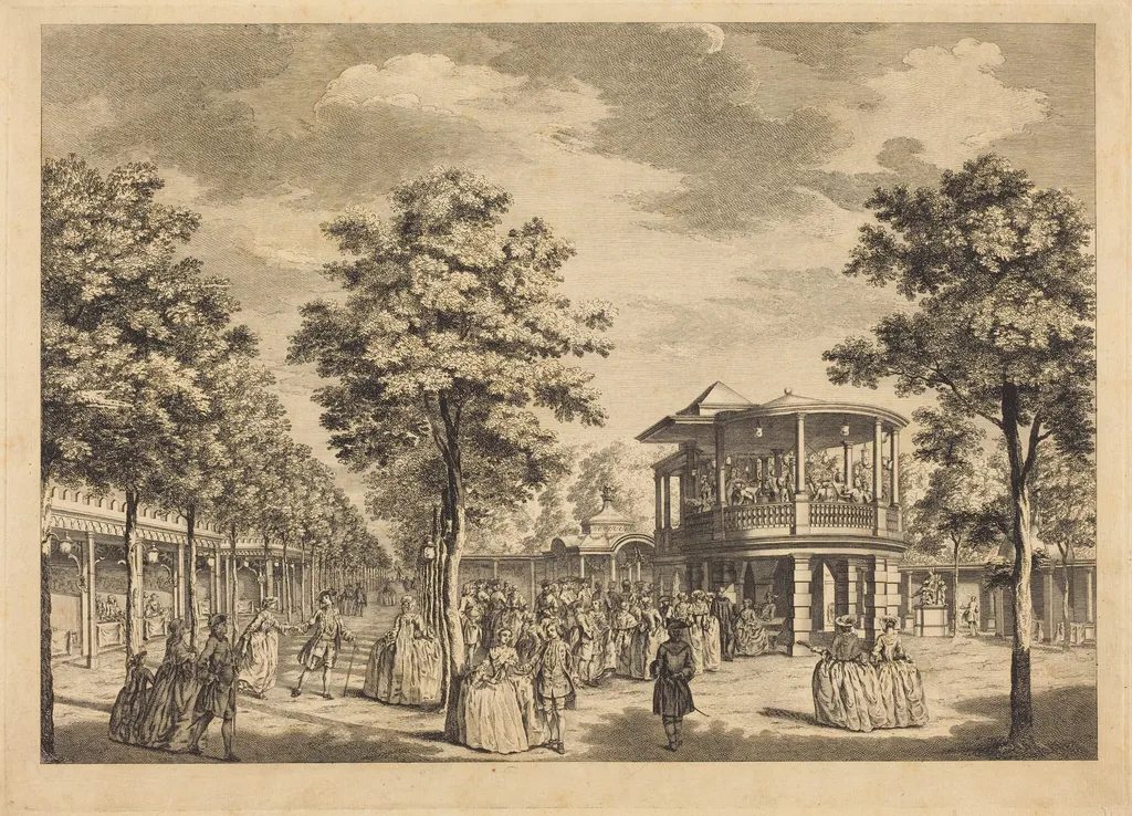 Vauxhall Gardens shewing the Grand Walk at the Entrance of the Garden and the Orchestra with Musick Playing, by Johann Sebastian Müller, ink, 1751