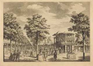 Vauxhall Gardens shewing the Grand Walk at the Entrance of the Garden and the Orchestra with Musick Playing, by Johann Sebastian Müller, ink, 1751