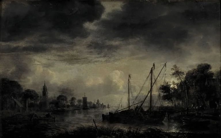 River Landscape in Moonlight, detail