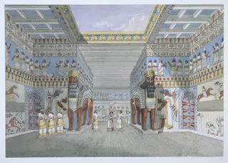 A Hall In An Assyrian Temple Or Palace, Restored From Actual Remains, And From Fragments Discovered In The Ruins, by Austen Henry Layard, watercolor, 1849