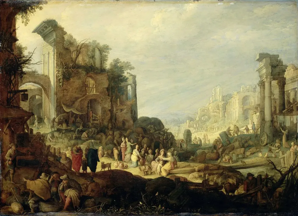 Landscape with Roman Ruins and the Meeting of Rebecca and Eliezer, by Willem van Nieulandt II, oil, 1610