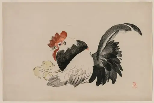 Rooster, Hen, and Chicks, by Shibata Zeshin, 1884