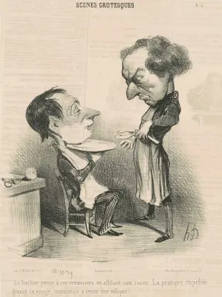 Le barbier pense a ses créanciers..., by Honoré Daumier, ink, 1839