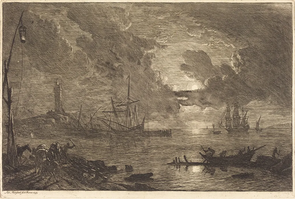 Harbor by Moonlight, by Adrien Manglard, ink, 1753